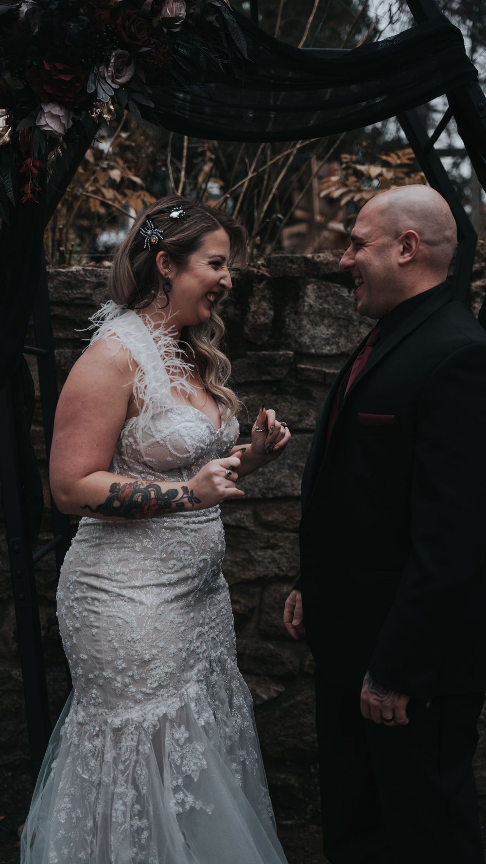 Bride & groom at coffin alter at Waterloo Village