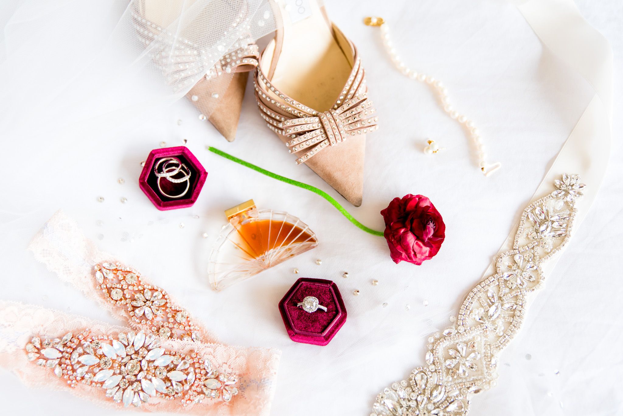 chicago wedding details velvet ring box and nude wedding shoes