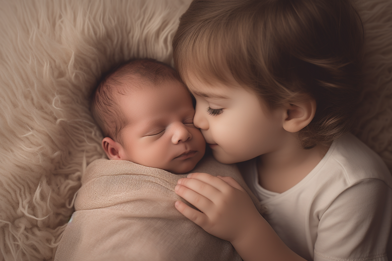 Two children snuggling together on soft furry blanket in gentle lighting.