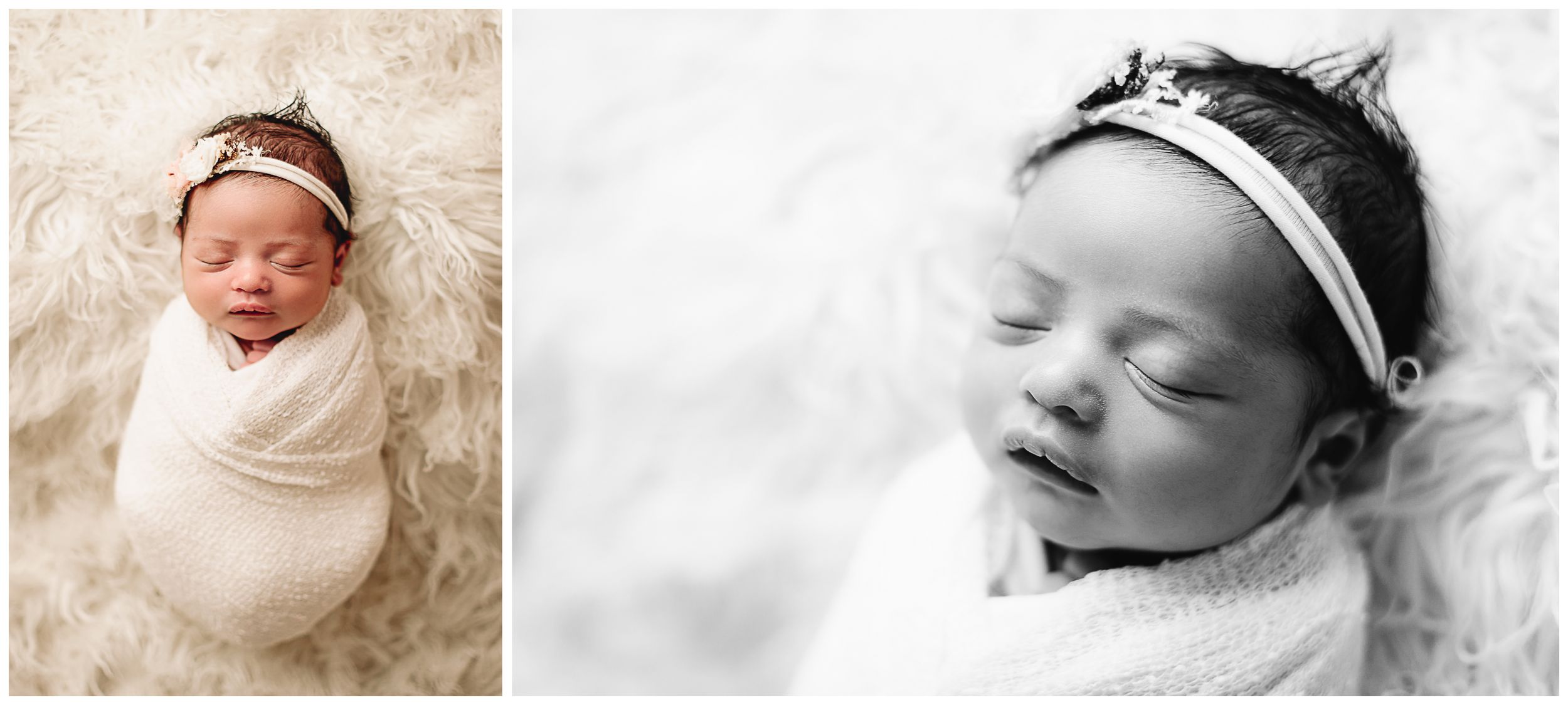 baby wrapped in white laying on white fur