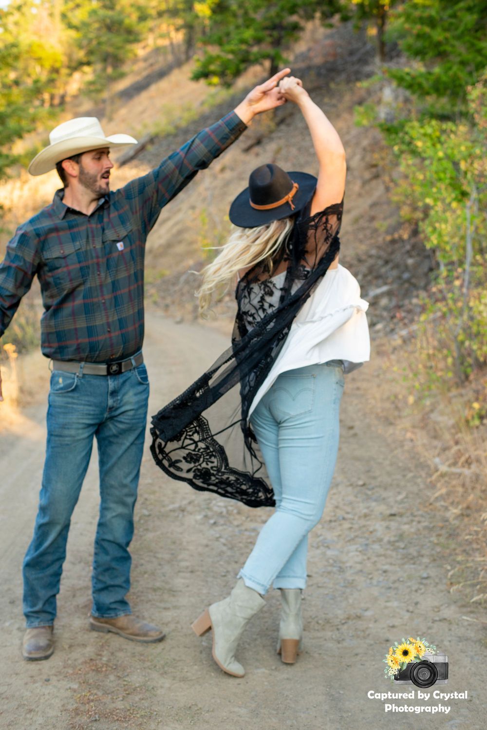 An engaged couple pose for their engagement photoshoot in Ellensburg, Washington.