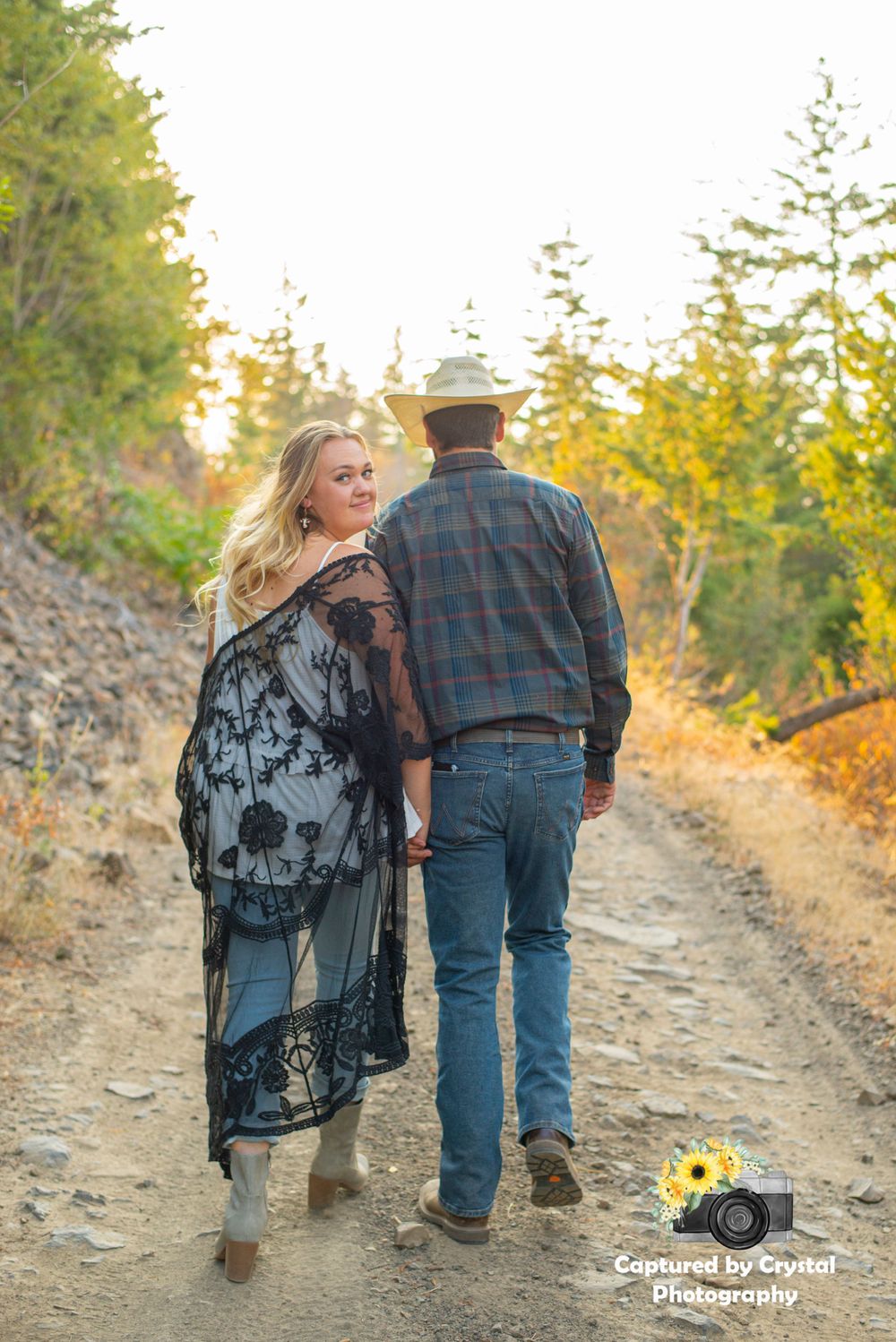 An engaged couple pose for their engagement photoshoot in Ellensburg, Washington.