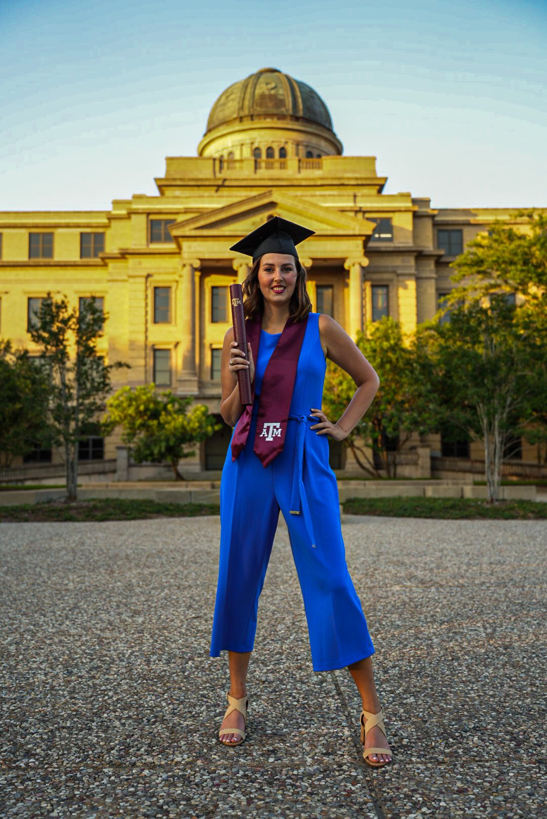Blue suit-Building-Texas A&M-College Station-Graduation-Celebration