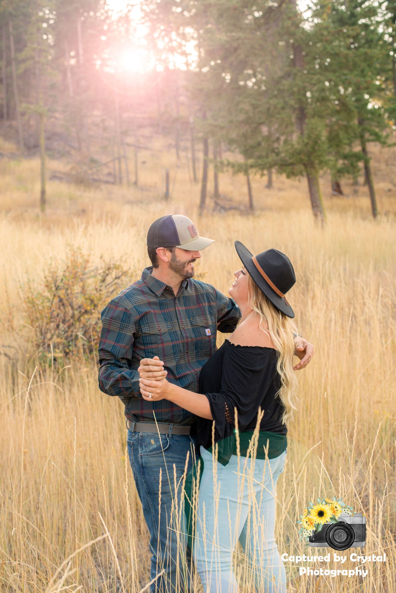 An engaged couple pose for their engagement photoshoot in Ellensburg, Washington.