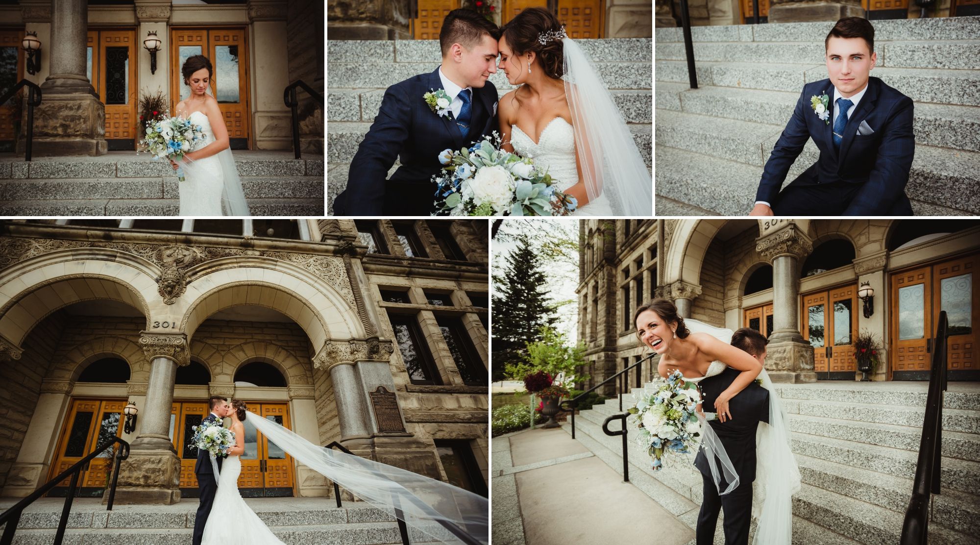 Collage of photos of the bride and groom by the courthouse steps in Bay City.