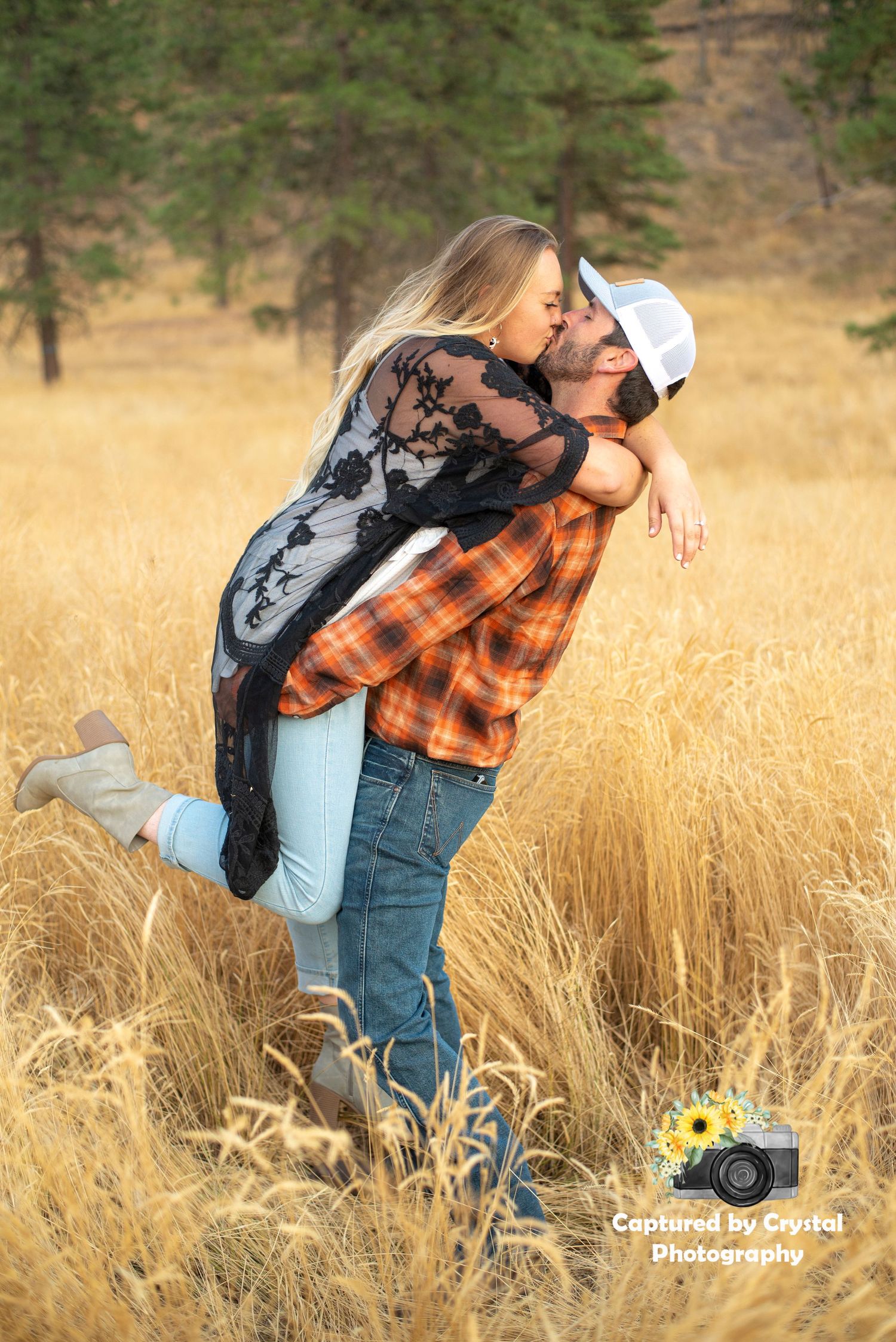 An engaged couple pose for their engagement photoshoot in Ellensburg, Washington.