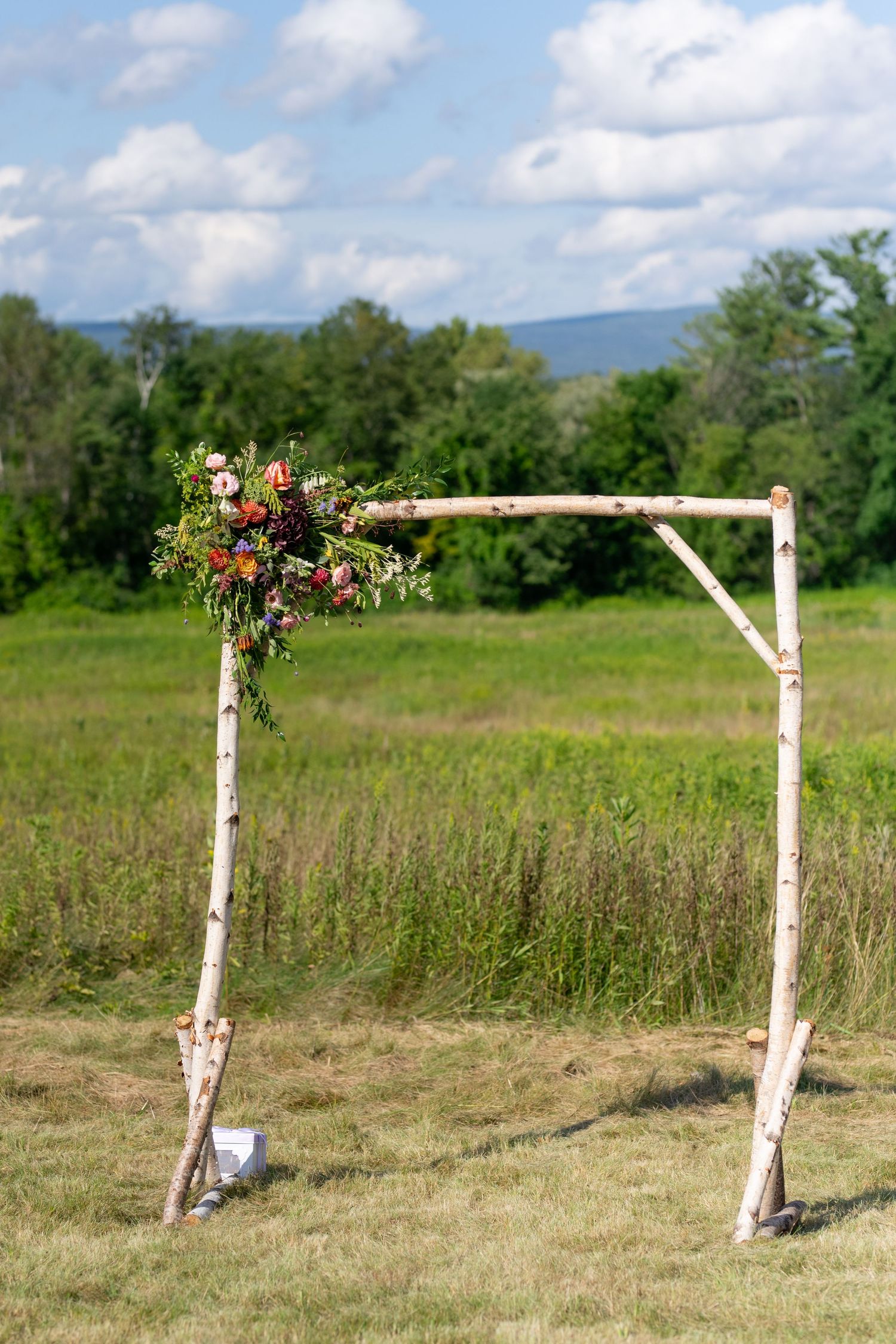Rustic wooden wedding arch decorated with floral arrangement in countryside meadow.