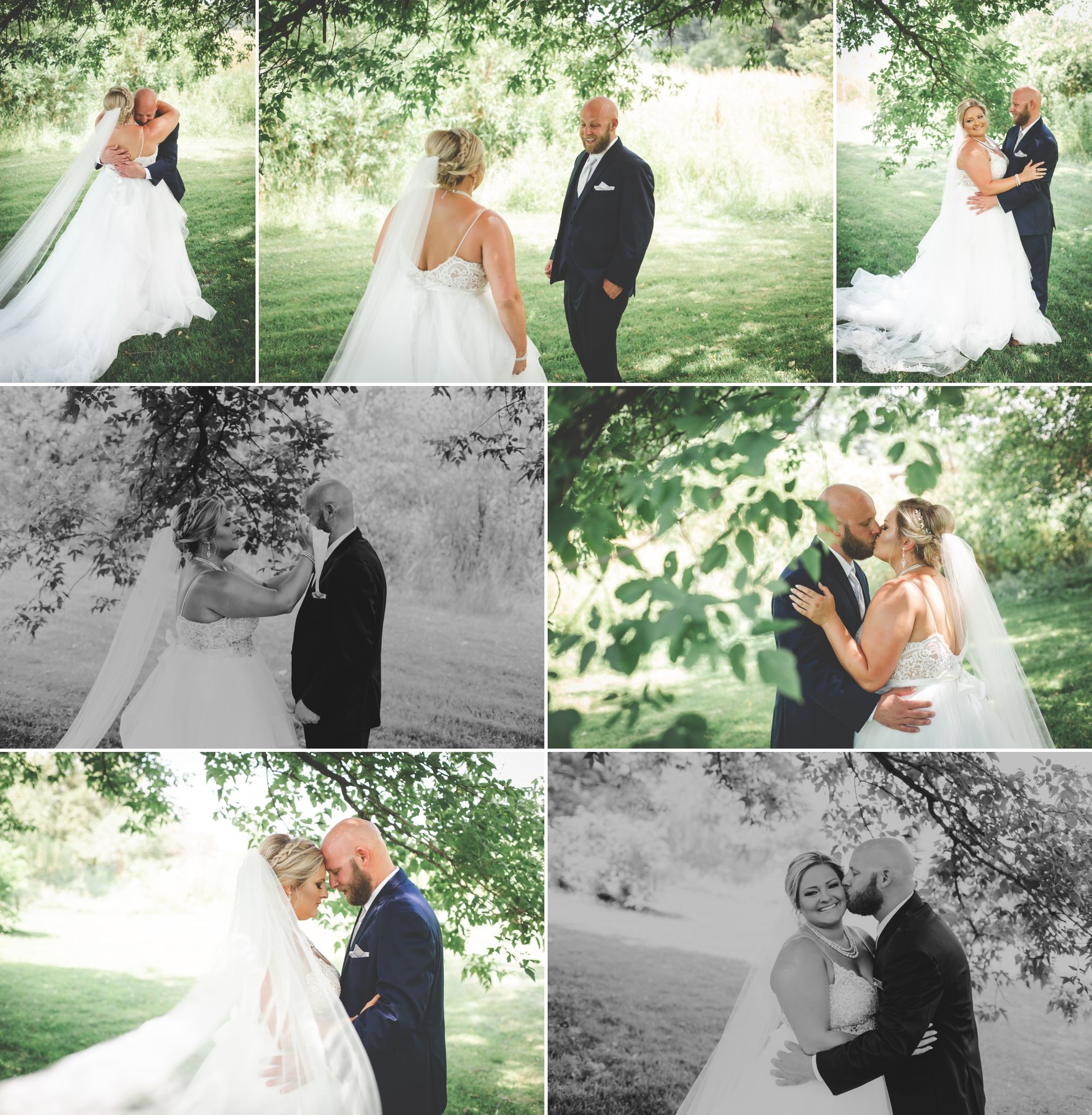 A first look collage of a bride and groom. He smiles then cries. She has a poofy tulle dress and long veil.