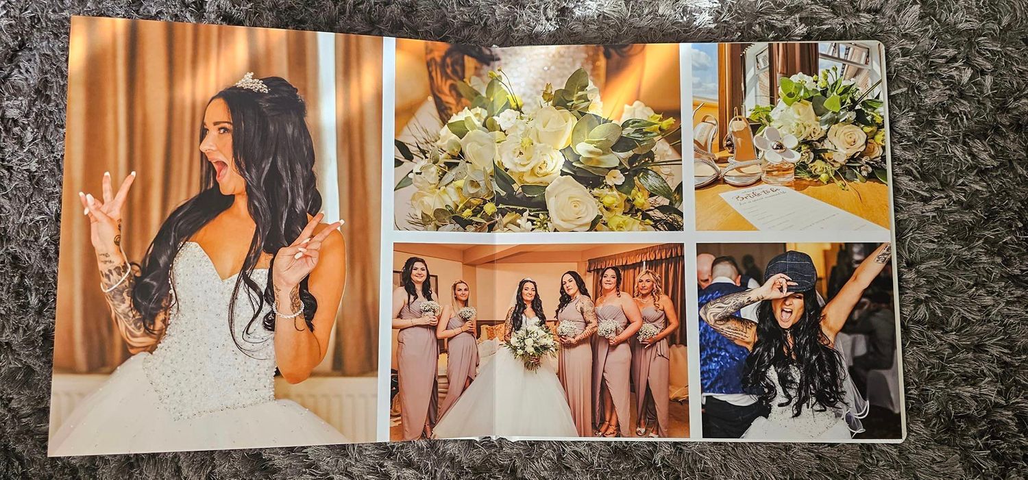 Panoramic collage of wedding preparation moments and group photos.