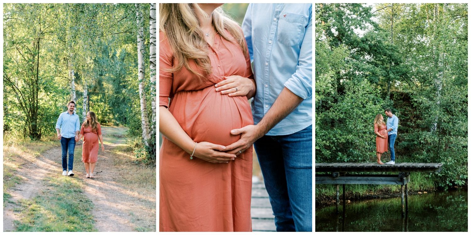 Frau mit Babybauch am See und im Wald - natürliche Paarfotografie