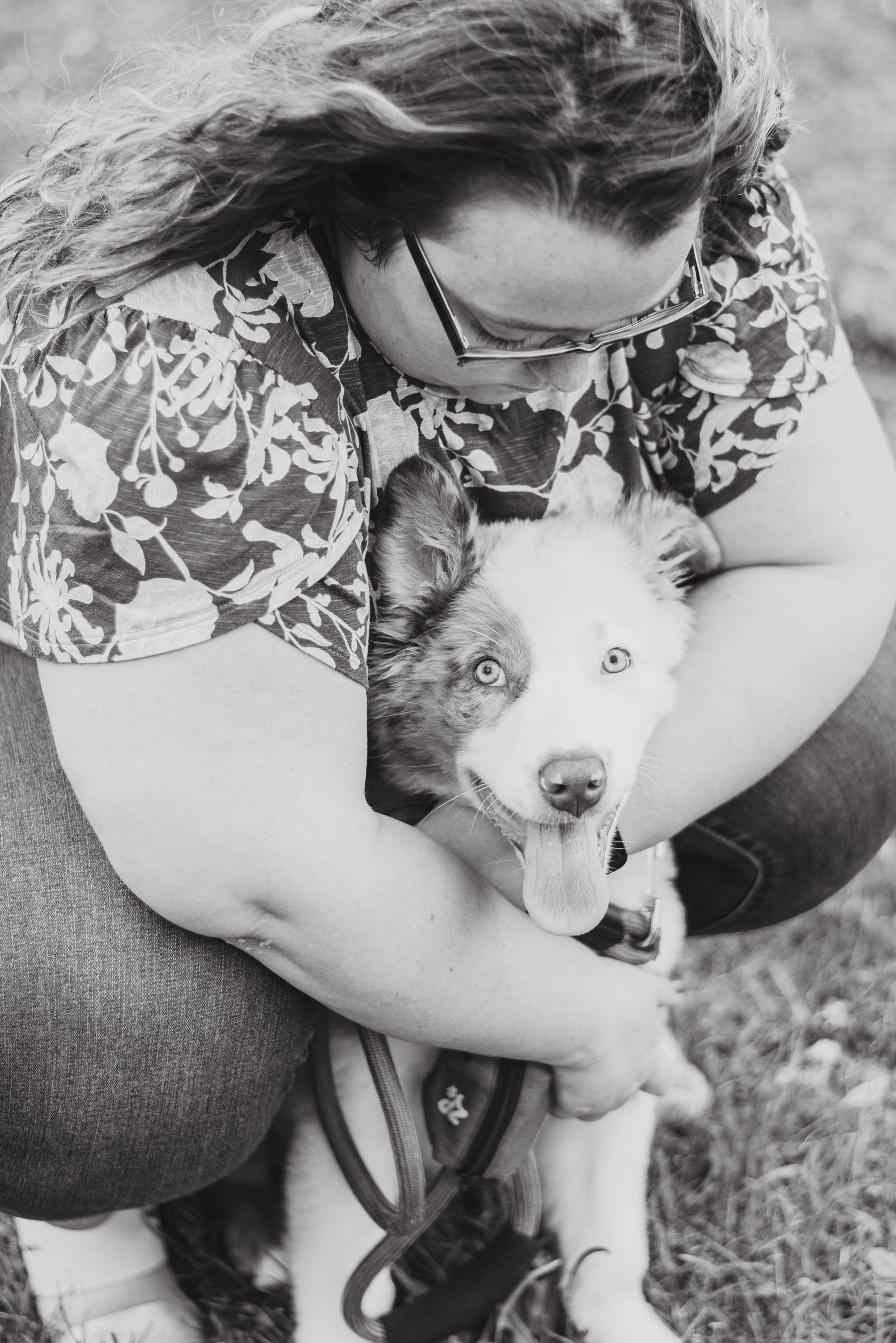 Mom and Australian shepherd puppy in black and white at Succop Nature Park in Butler Pennsylvania