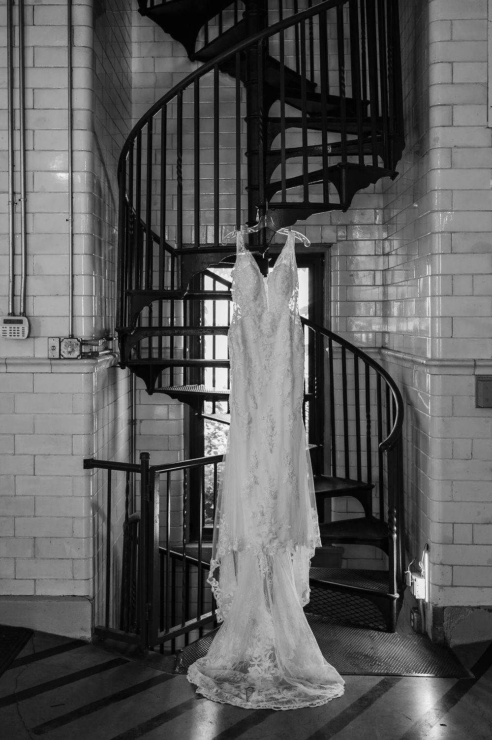 Hanging wedding dress at The Firehouse Chicago