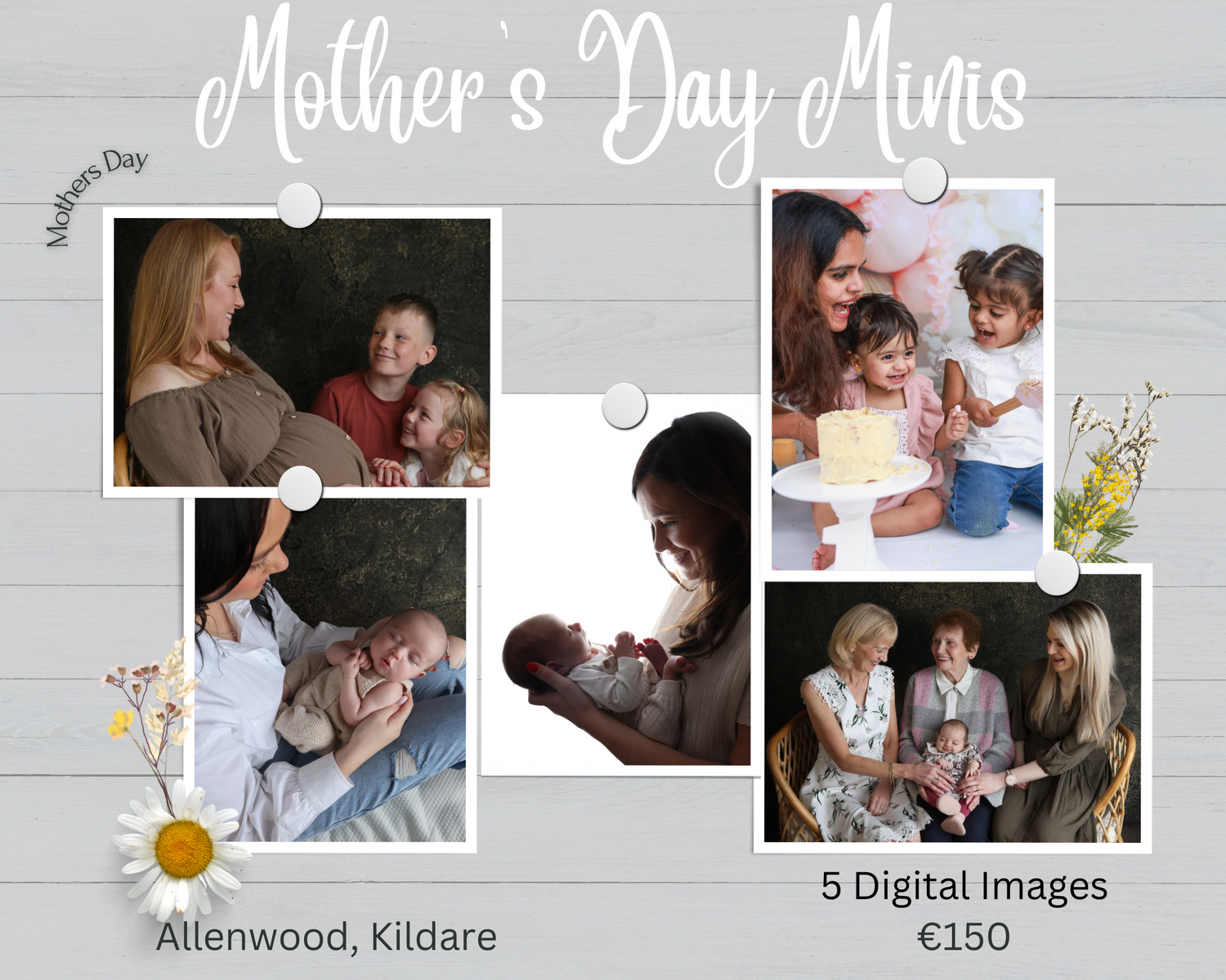 Mother's Day mini session advertisement showing collection of intimate family moments in photo collage.