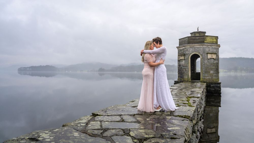 Two brides at Temple of Heroes at Storrs Hall Hotel