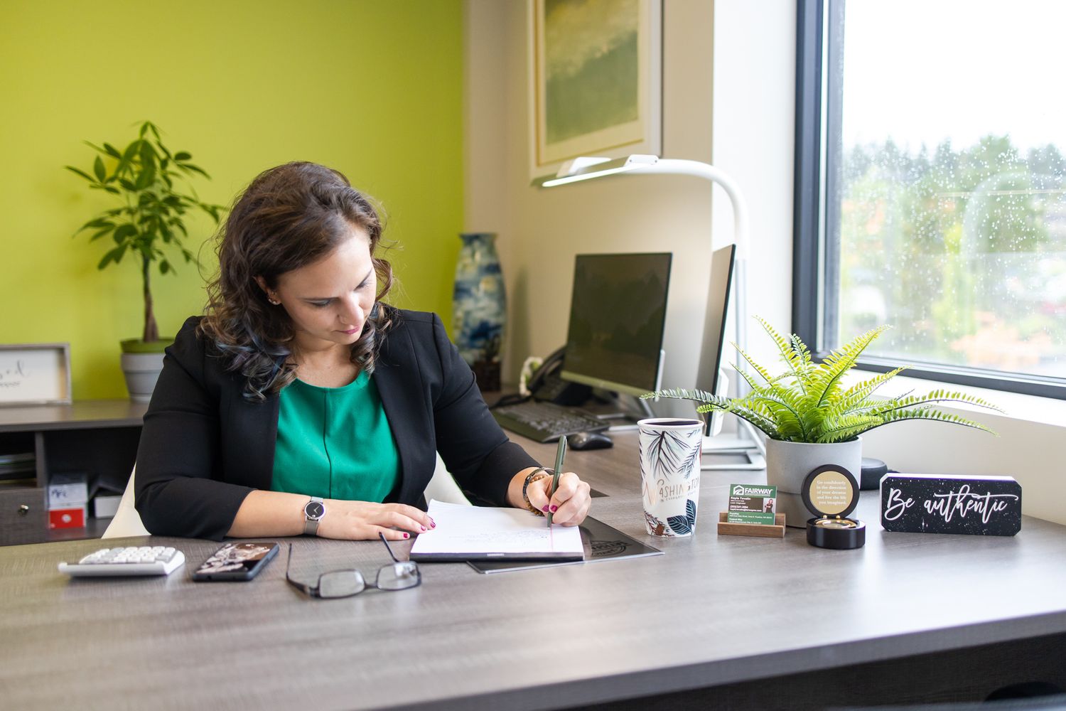 Office branding headshot federal way woman loan officer sitting at desk