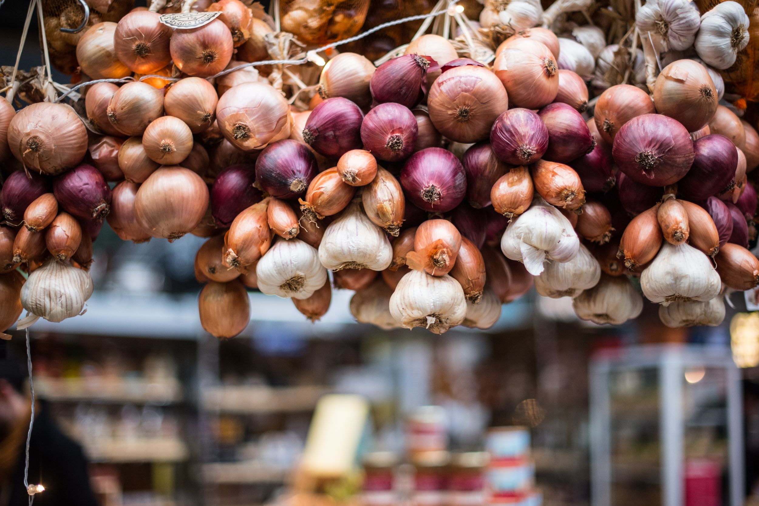 Onions, garlic, shallots, hanging display at Borough Market