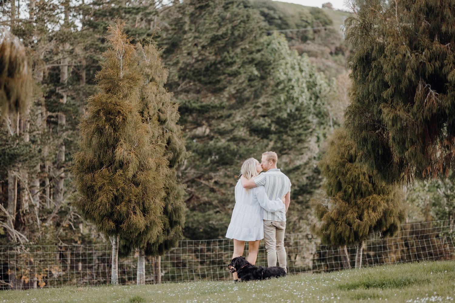 A romantic couple in white outfits embraces on a grassy hillside surrounded by tall evergreen trees.