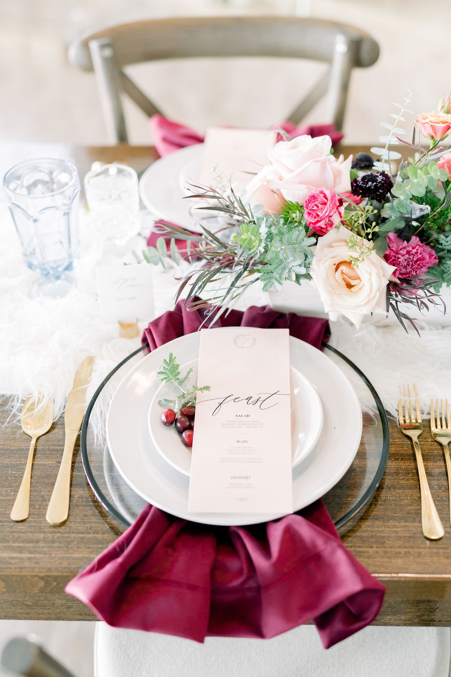 Light and airy 1868 Farmhouse Wedding in Boone, Iowa with Vowed Vintage and Pella Rental clear chargers