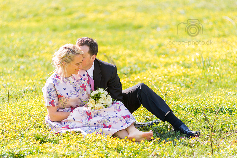 Wedding couple on a field of yellow flowers.