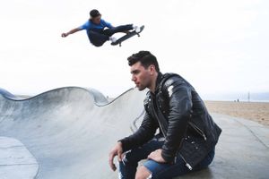 Actor Christian James Diesel Leather Biker Jacket Converse Venice Skate Park California James Dean Tom Ryen Skate Board