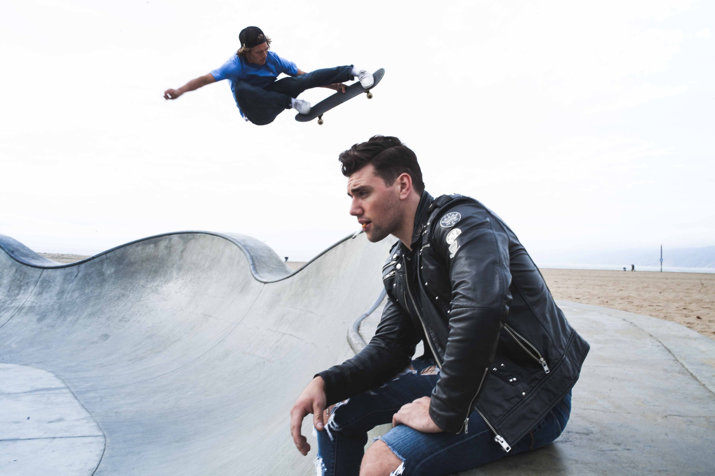 Actor Christian James Diesel Leather Biker Jacket Converse Venice Skate Park California James Dean Tom Ryen Skate Board