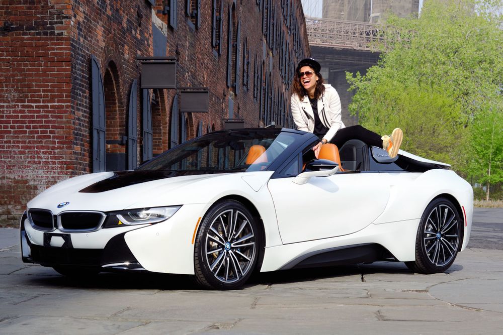 2019 BMW i8 white Victoria Brito Dumbo Brooklyn New York Nike hightop BMW Group Culture Brooklyn Bridge