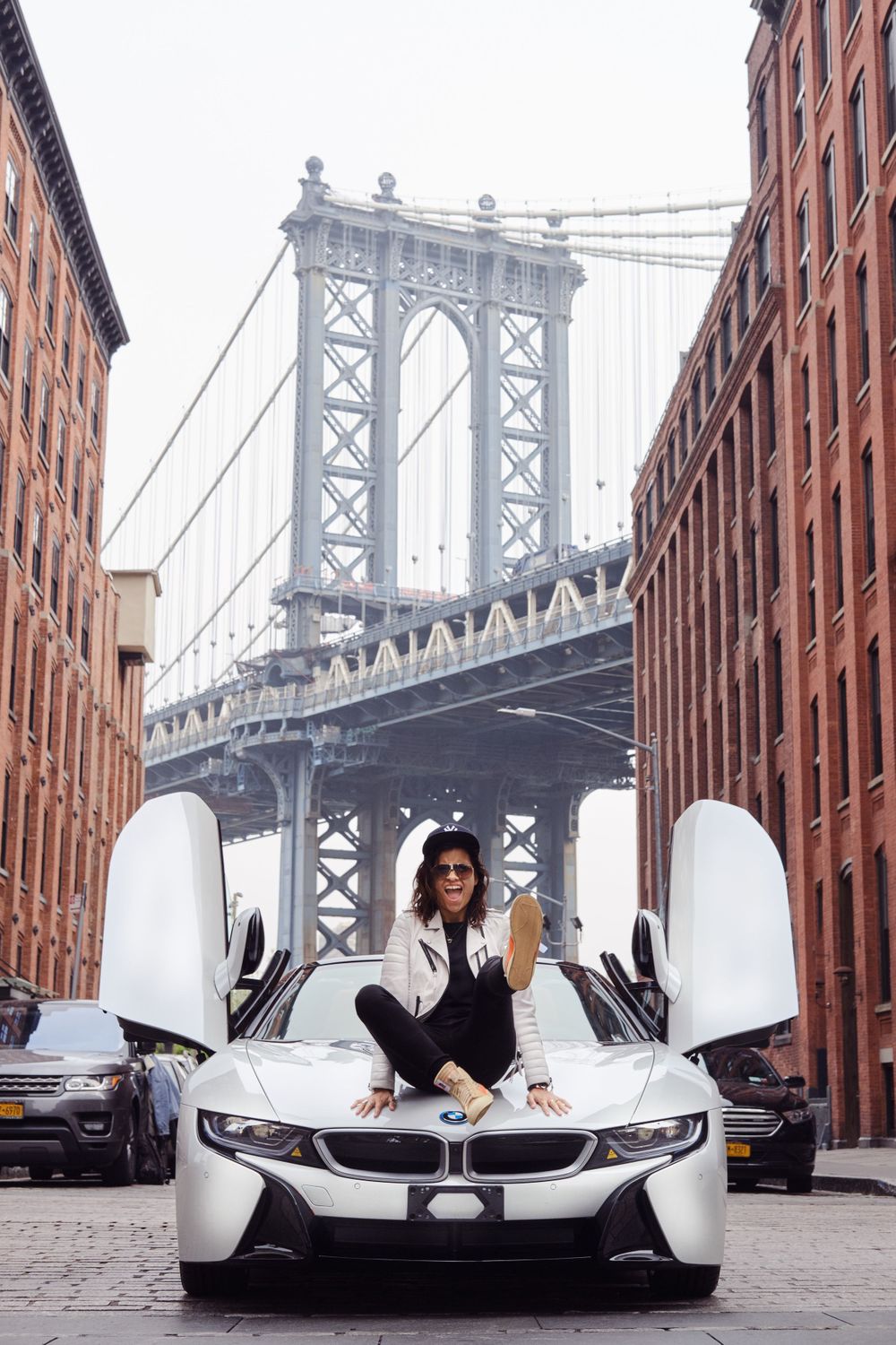 2019 BMW i8 white Victoria Brito Dumbo Brooklyn New York Nike hightop BMW Group Culture Manhattan Bridge Cobble Stone