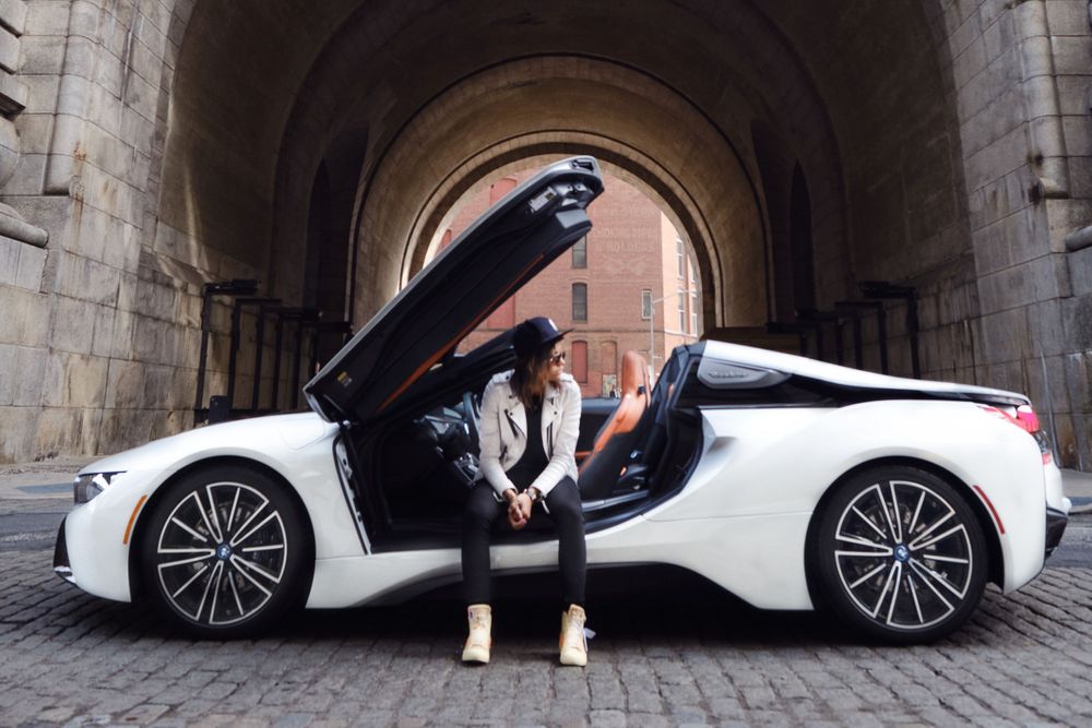 2019 BMW i8 white Victoria Brito Dumbo Brooklyn New York Nike hightop BMW Group Culture Door up