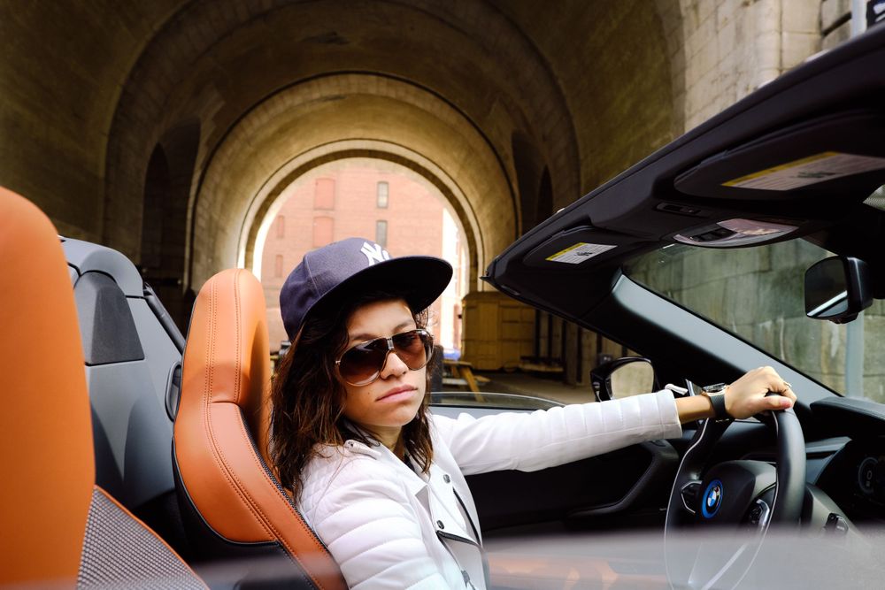 2019 BMW i8 white brown leather car seats Victoria Brito Dumbo Brooklyn New York Nike hightop BMW Group Culture