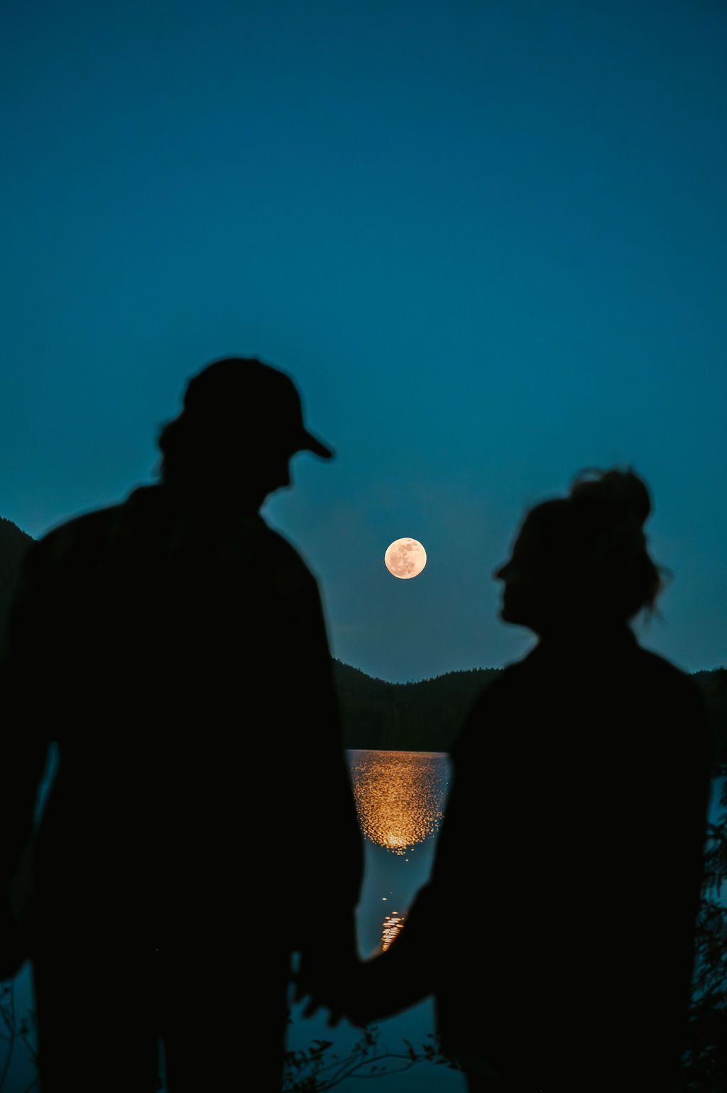 Couple holding hands with moon in between Strathcona Vancouver Island. Photography by Photographer Soulfull Photographs