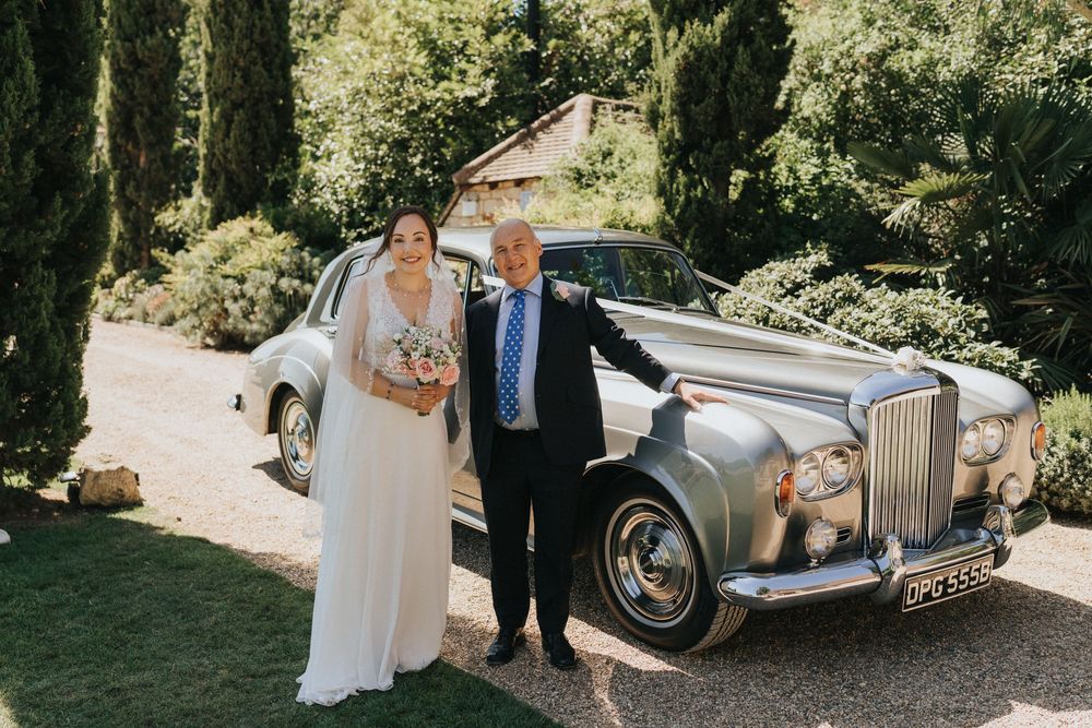 Collage of wedding moments featuring a vintage luxury car in a garden setting during an outdoor ceremony.