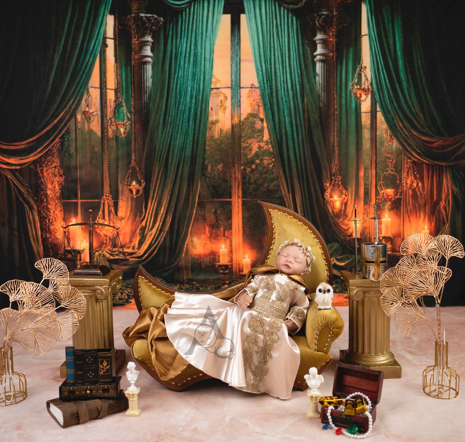 Elegant portrait scene with green drapes, gold throne, and vintage books in warm lighting.