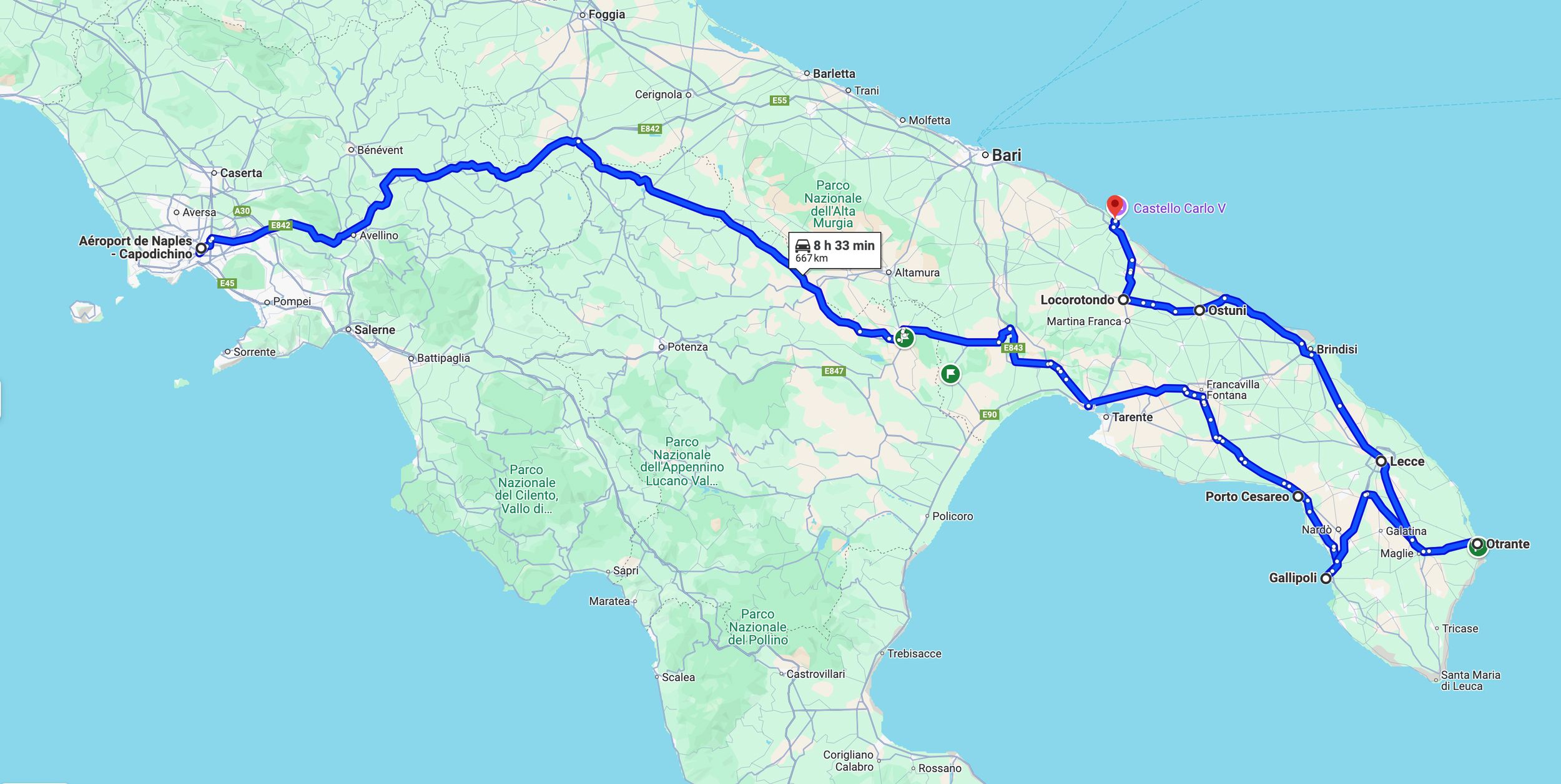 A blue route line traces across a map of the northern region of Panama, showing a travel path from west to east.