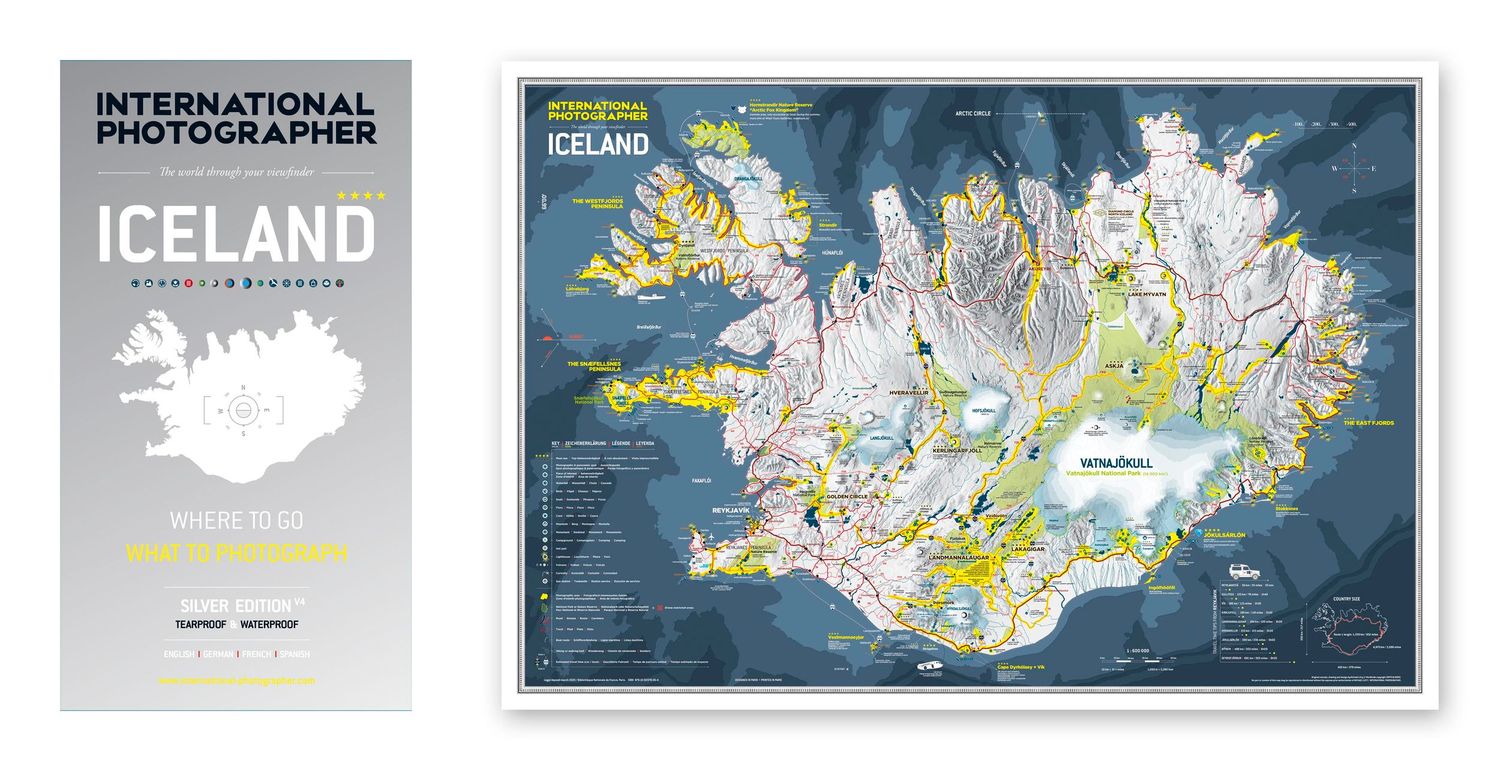 Two maps of Iceland showing the country outline and detailed geographic features with colorful terrain illustrations.