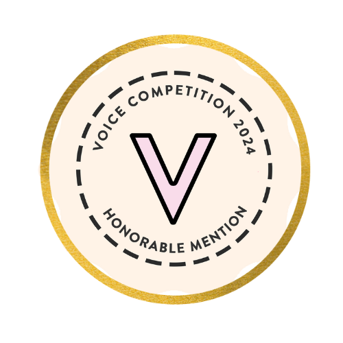 White circular badge with gold border featuring a V monogram and text "Voice Competition 2023 Honorable Mention" in black.