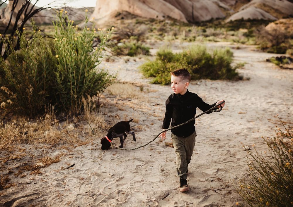 A joyful walk through desert terrain with a small black dog on a leash.
