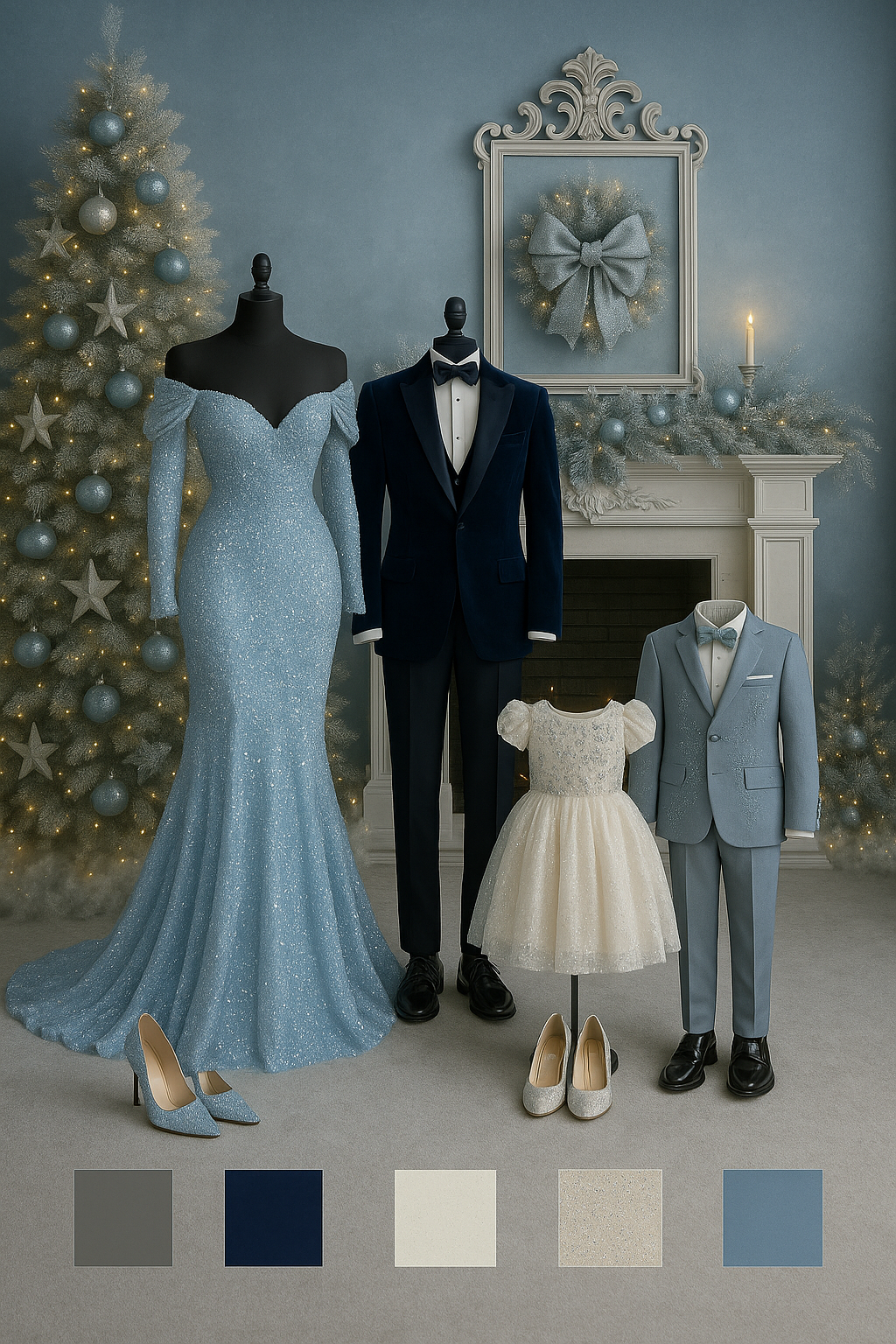 Elegant formal wedding attire display with sparkly blue gown, black tuxedo, cream flower girl dress and blue suit against festive decor.