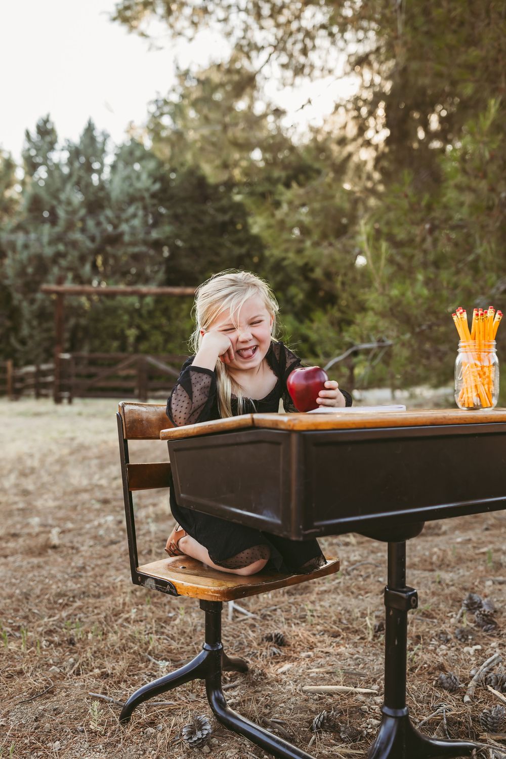 Split image series showing playful moments with dark wooden desk against natural outdoor setting and autumn leaves.