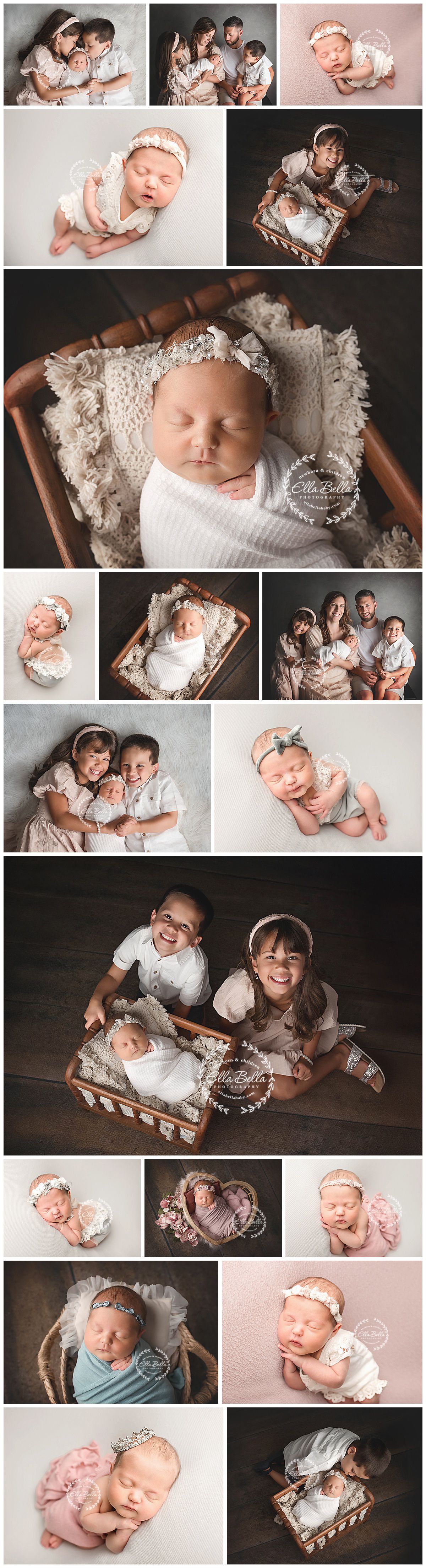 A collection of professional newborn baby portraits showing peaceful sleeping poses and family moments in soft neutral tones.