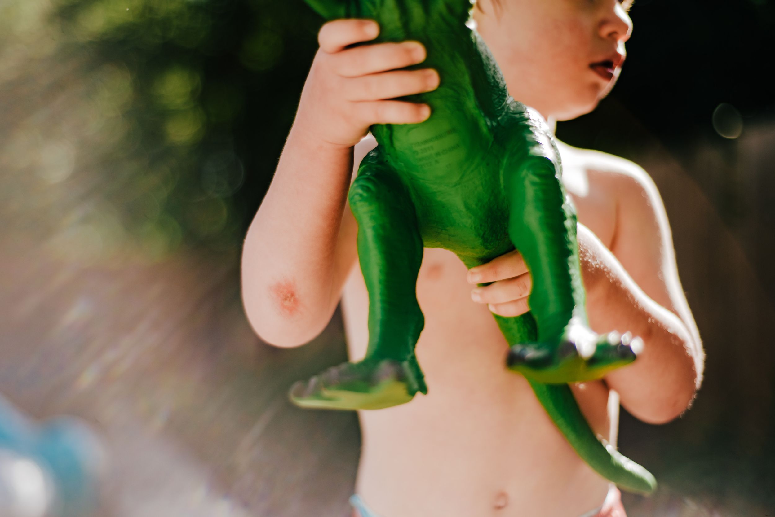 A child holds a bright green toy dinosaur against a sunlit background.