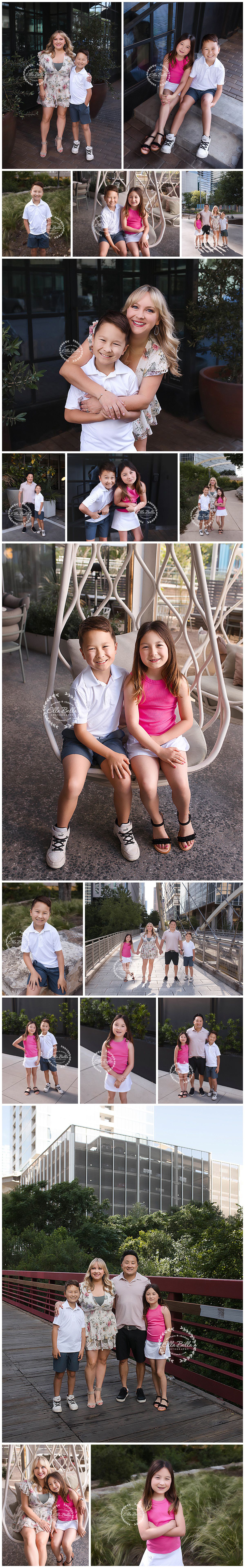 Family photo session with siblings in pink and white outfits captured at an urban park setting during golden hour.