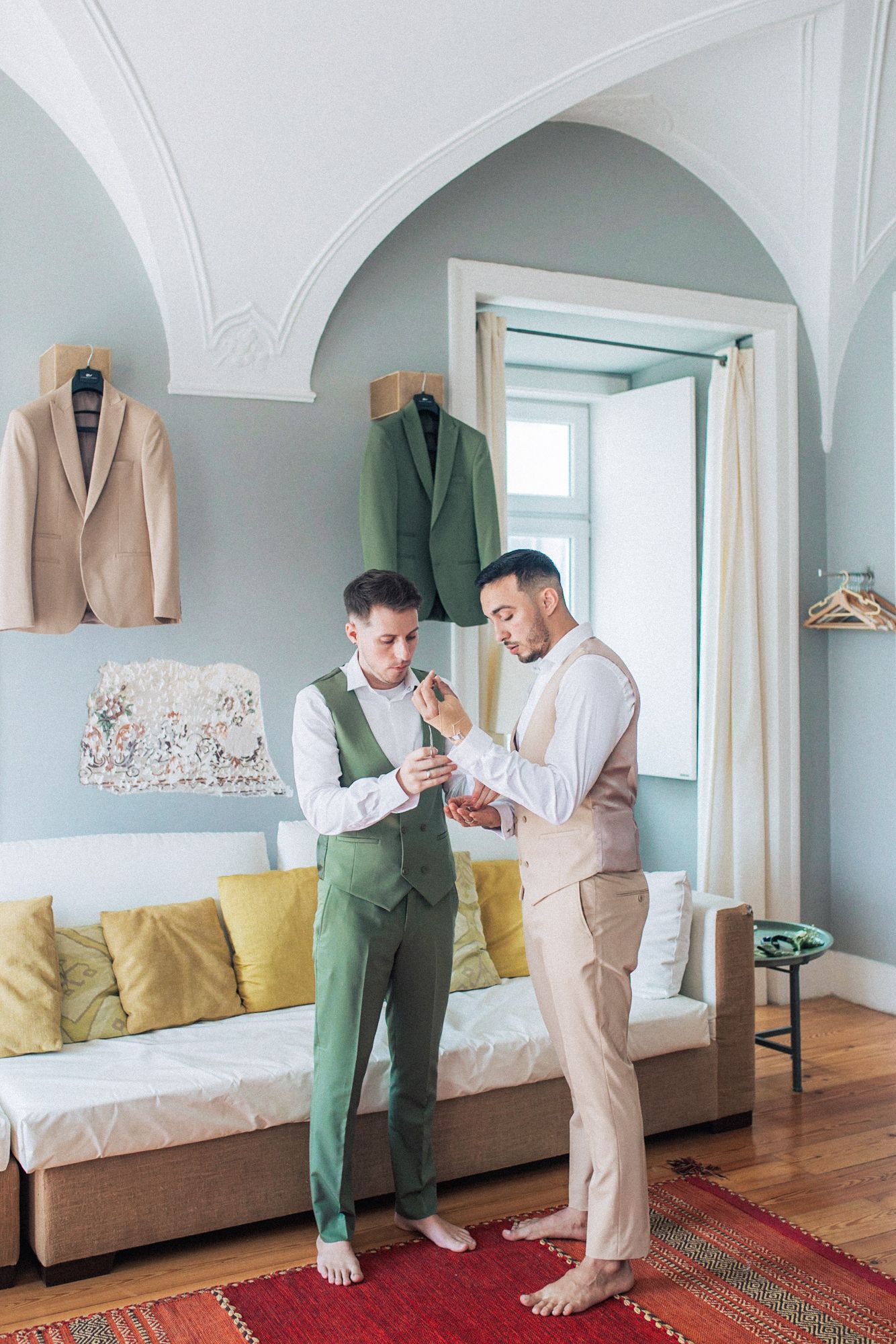 gay wedding couple getting ready together for their wedding in portugal. by lisbon wedding photographer