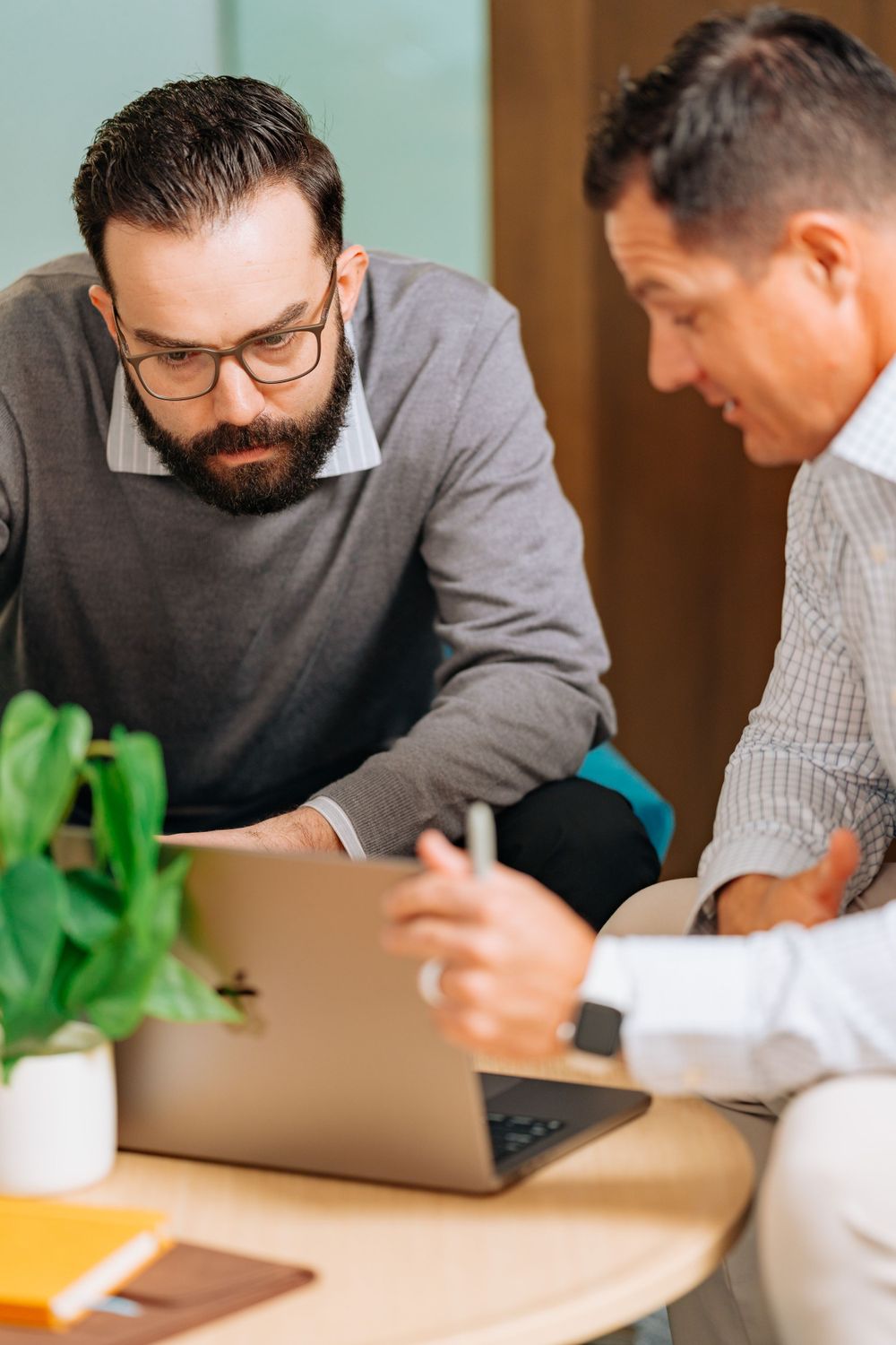 Two colleagues collaborating over a laptop with plant decor on the desk.