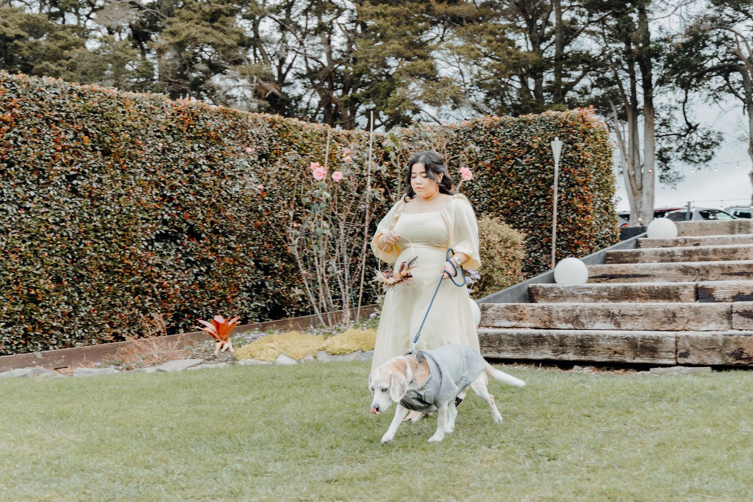 Wedding celebration in a garden setting with stone steps and manicured hedges.