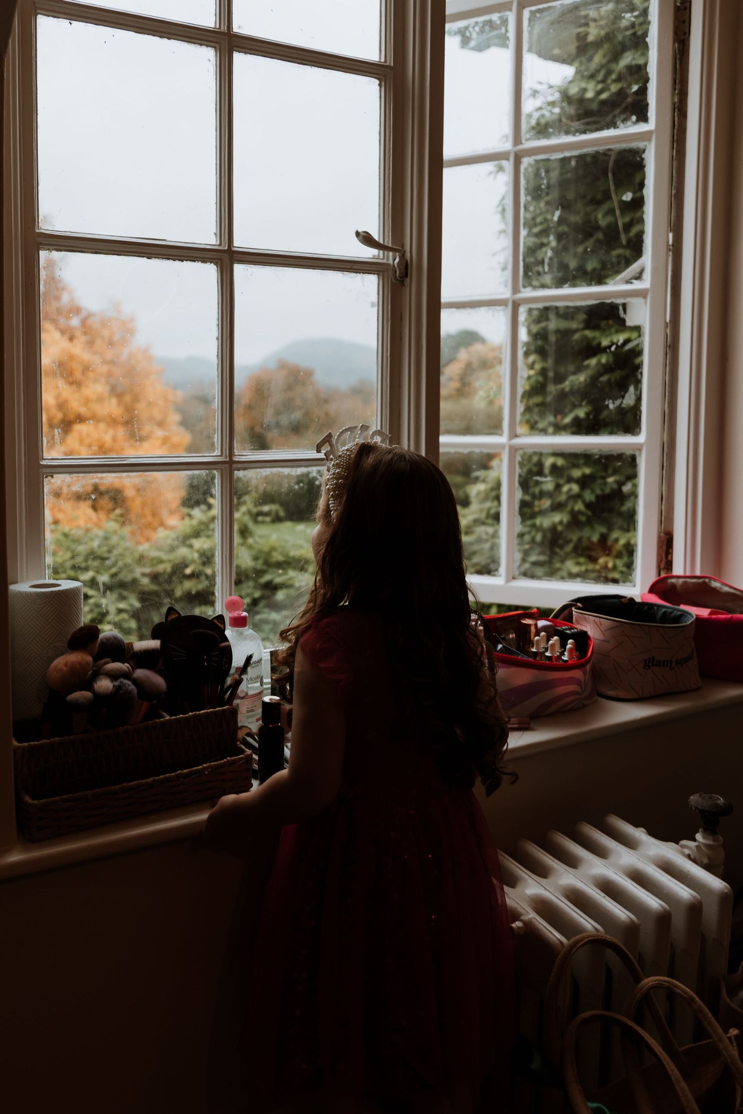 Silhouette looking through window at autumn foliage with kitchen countertop items and radiator in view.
