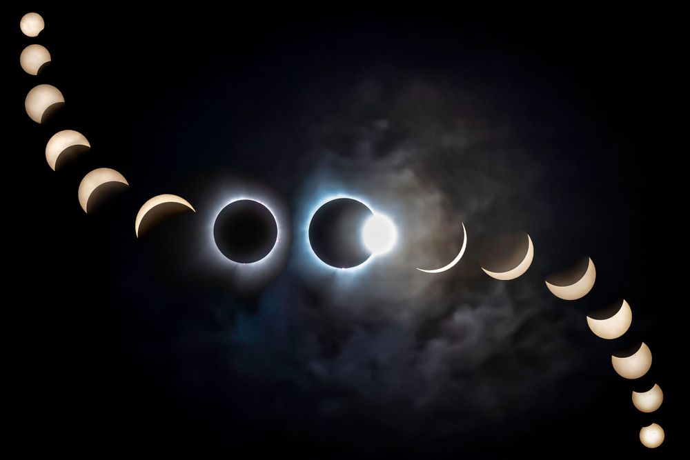 Time-lapse composite photo showing the phases of a total solar eclipse with crescent moon shapes against a dark sky.