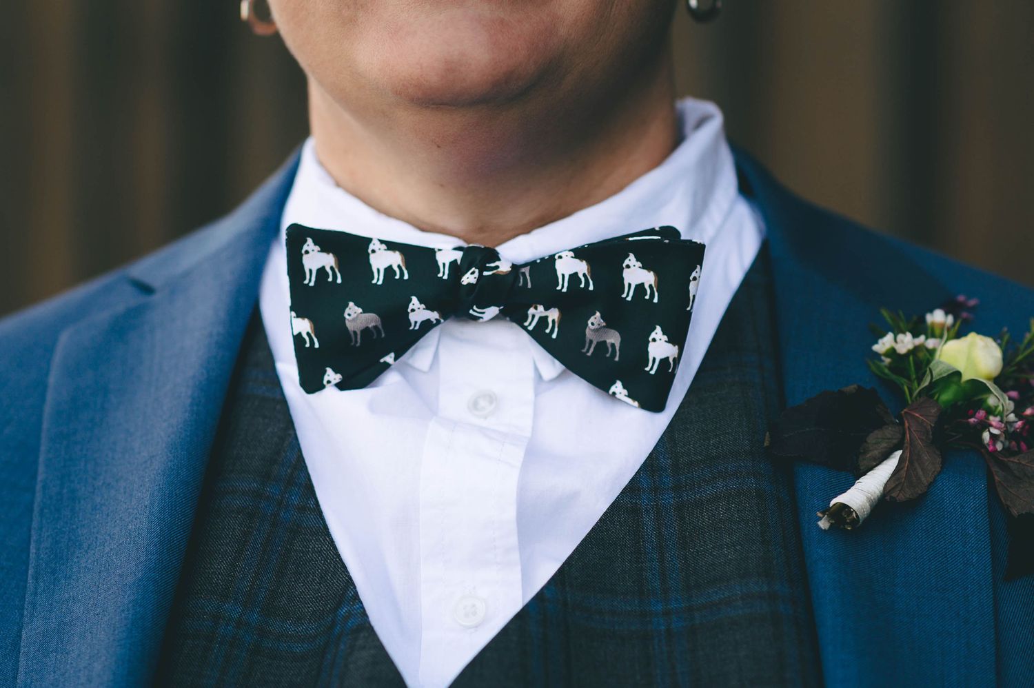 Detail of wedding bow tie with dog print