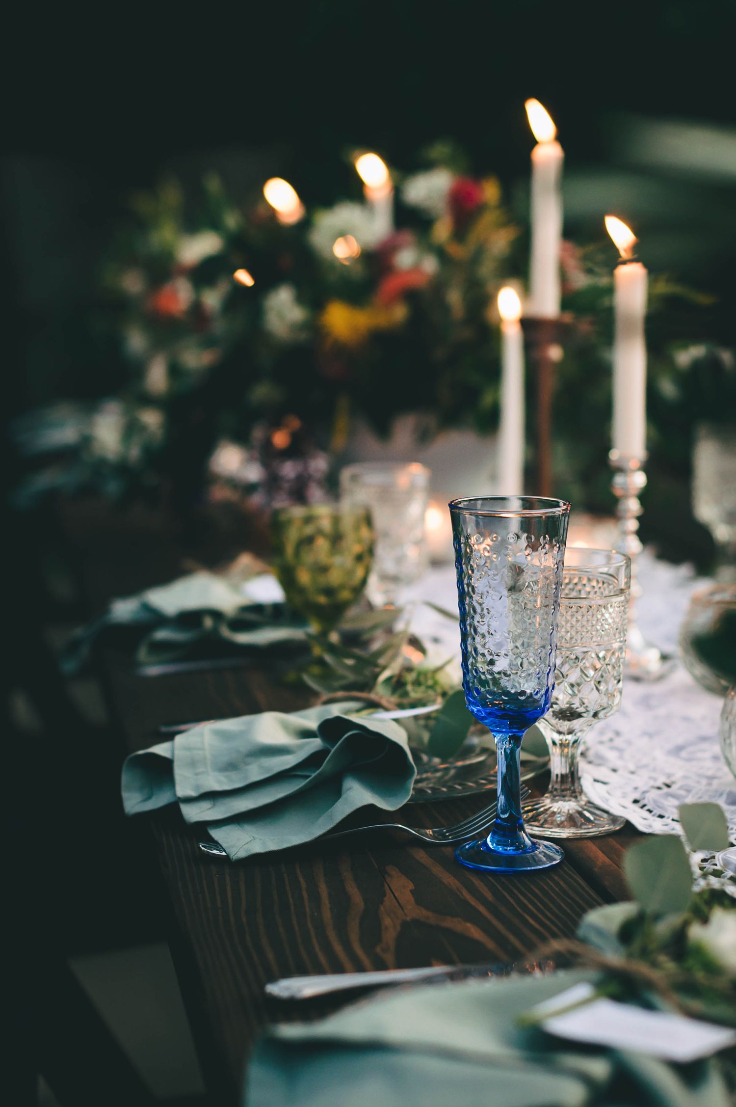 DIY decor with candles and colorful glass wear at this intimate backyard wedding in Santa Cruz