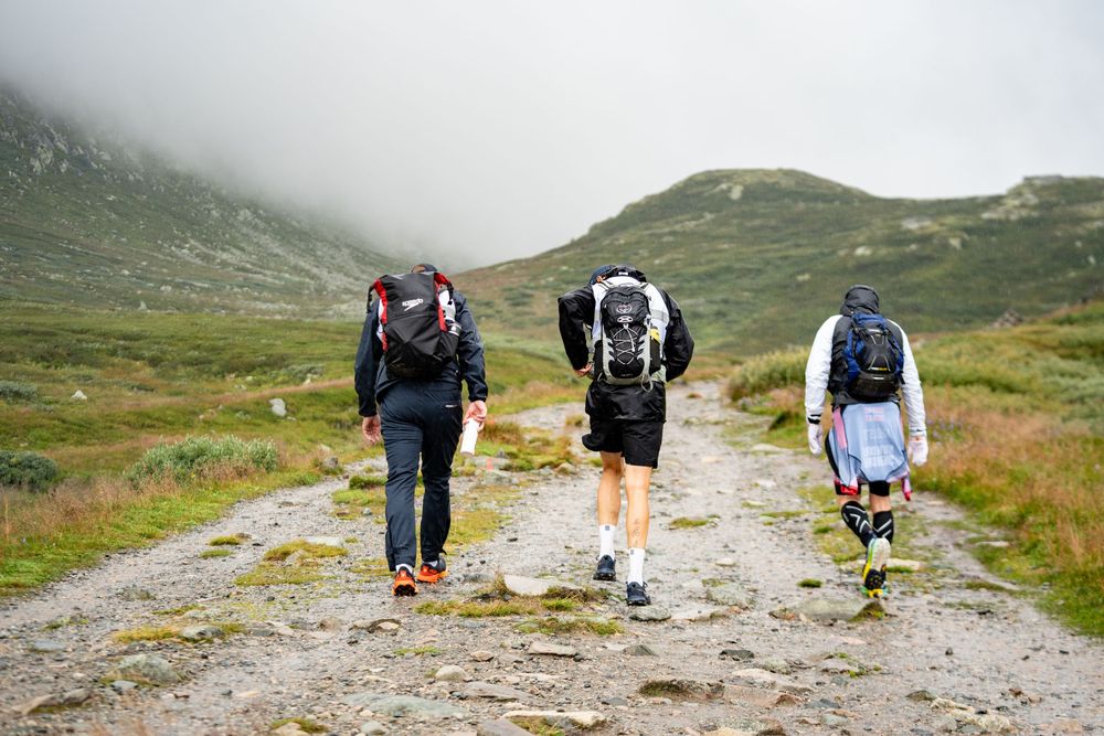 Three hikers with backpacks walking along a misty mountain trail through green highlands on a foggy day.