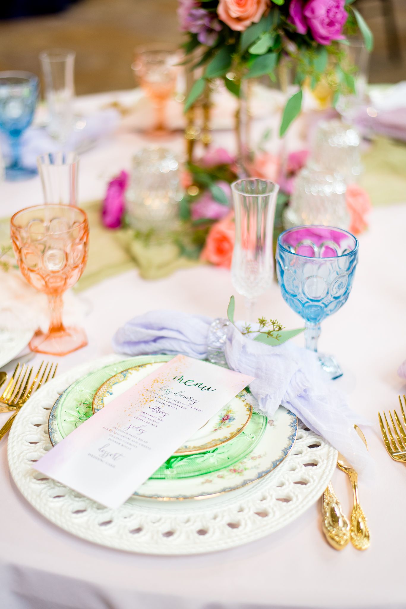 Wedding table setting, pastel, colorful, peach, blue, wedding stationary, Benison, Cincinnati OH, bouquet in background